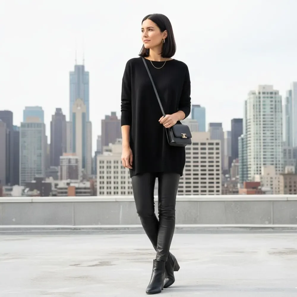 Eileen Fisher 100% Merino Wool Black Tunic Sweater | Women's M | Italian Yarn